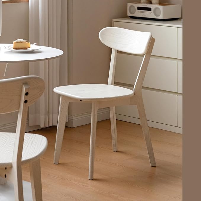 Mid Century Oak Wood Dining Chair, 100% Solid Wood Kitchen Chair with Rounding Edges & Curved Backrest, Modern Armless Accent Dining Chairs for Kitchen Dining, Cream White