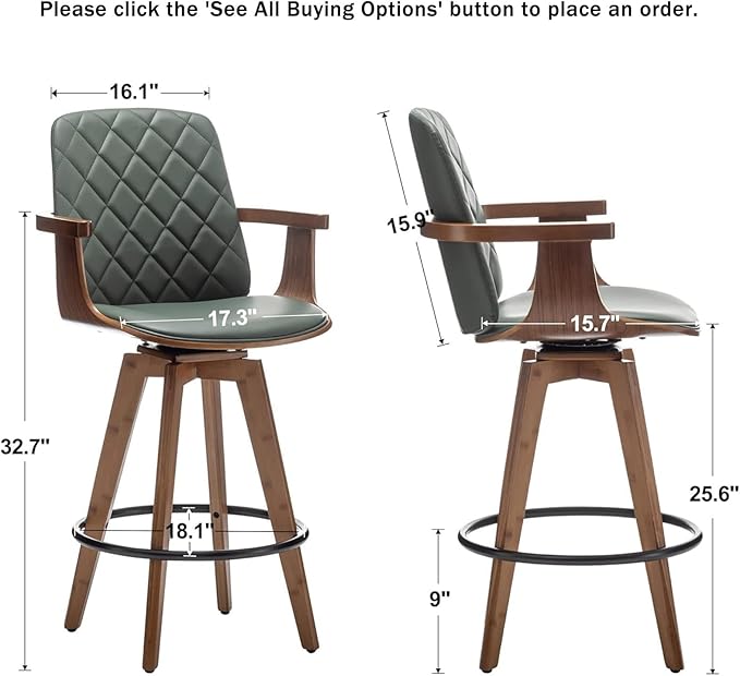 Counter Stools Set of 2, Upholstered Faux Leather Counter Height Bar Stools, Swivel Counter Chairs with Wooden Arms and Legs (Green, 26" Seat Height)