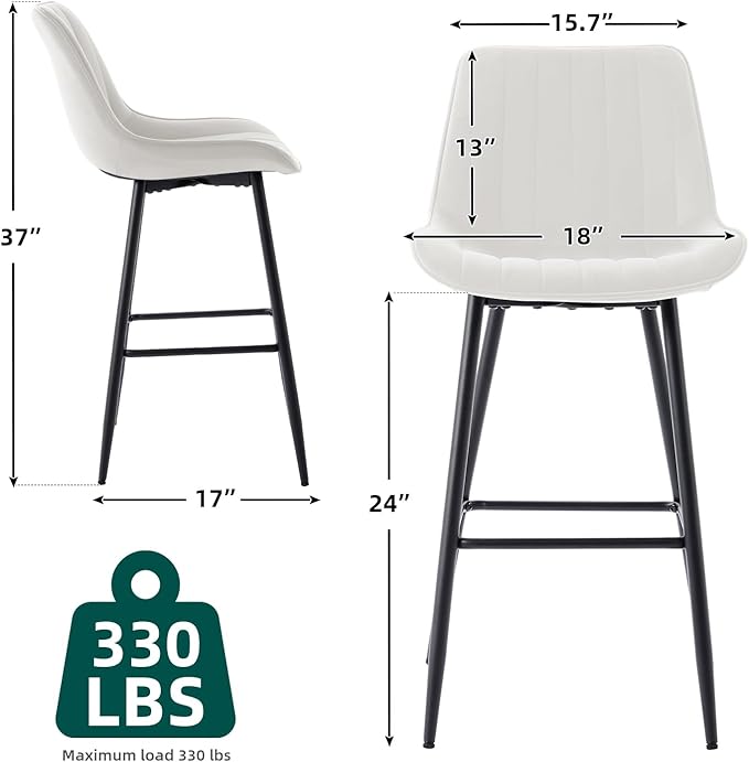24" Bar Stools Set of 2, Counter Height Bar Chairs with Back, Modern Velvet Upholstered Barstools, Kitchen Island Stools for Bar, Kitchen Counter, Top Height 35"-38", White