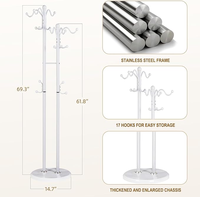 Metal Coat Rack with 17 Hooks, Double-pole Freestanding Coat Racks, Modern Coat Rack Stand and White Standing Coat Tree Holder Stand for Entryway