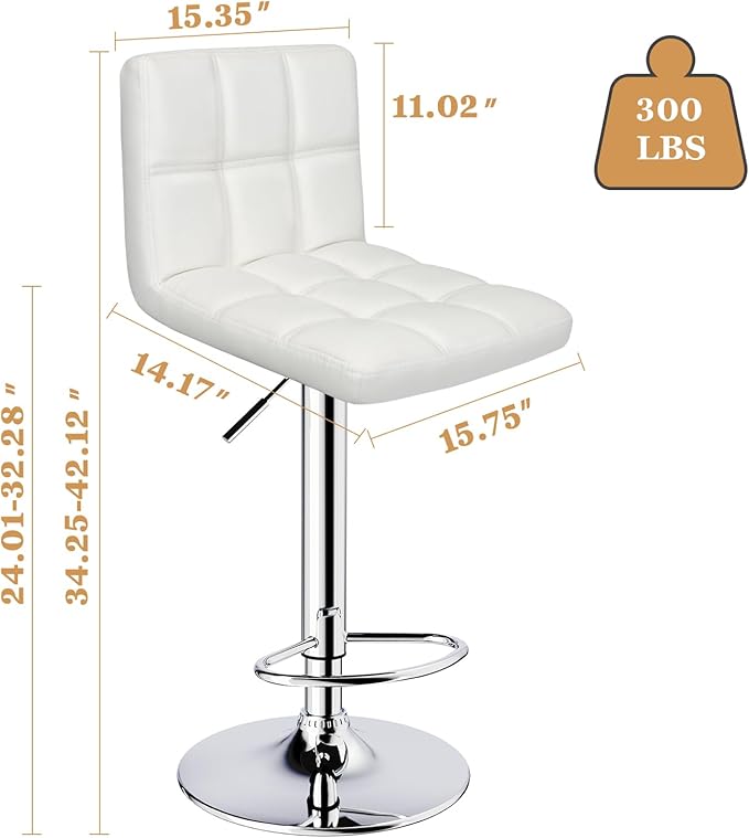 Bar Stools Set of 2,Armless Adjustable Swivel Barstools with Back,6-Squares Double Needle PU Leather Counter Height Bar Stools for Kitchen Island,White