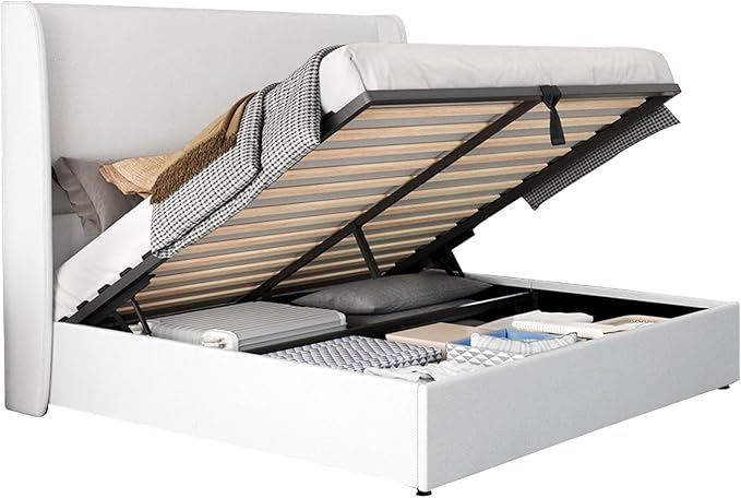 Jocisland Queen Size Bed Frame Lift Up Storage Bed Linen Upholstered Bed Frame with Hydraulic Storage/Wingback Headboard/No Box Spring Needed/White
