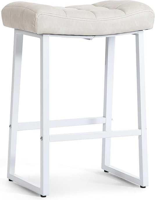 White & Beige Counter Height Bar Stool for Kitchen Counter Modern Backless Barstool with Upholstered Faux Leather Seat and Metal Frame Industrial 24 inch Bar Chair