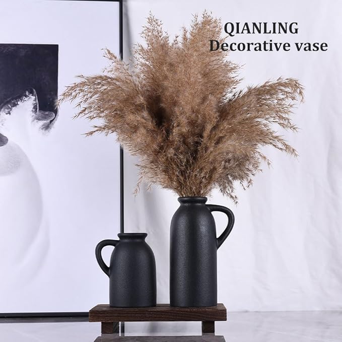 Black Ceramic Vase Set - 3 Small Matte Black Jug Vases, Farmhouse Country Flower Vase Home Decor, Living Room Decoration, Table Decoration, Fireplace Decor, and Entrance Decorations Centerpieces