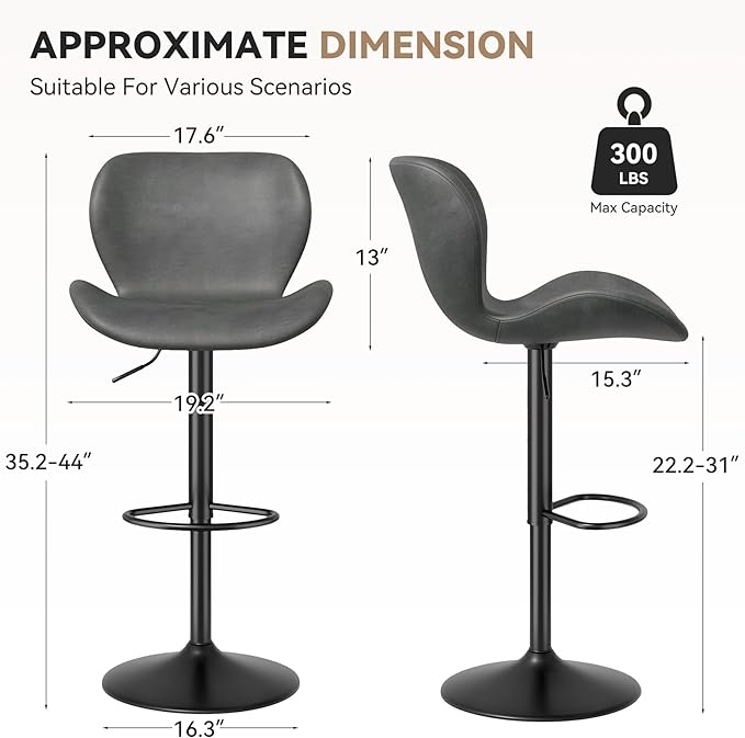 Nalupatio Swivel Bar Stools Set of 4,PU Leather Upholstered Barstools with Back & Footrest, Seat Adjustable Height 22.2-31IN Counter Height Bar Chairs for Bar Kitchen Island,Dark Grey