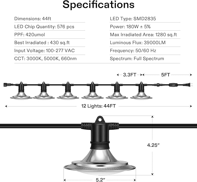 VIVOSUN Outdoor LED Grow Lights, Waterproof String Grow Light, Full Spectrum Plant Growing Lights with 44Ft Adjustable Cord for Seedling, Veg, Flower in Greenhouse, Garden, Backyard, Farm (12-Light)
