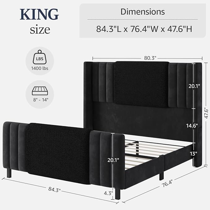 King Size Bed Frame with Tall Headboard and Footboard, Boucle and Velvet Upholstered Bed Frame King with LED Lights, Modern Platform Bed Frames, Noiseless, Easy Assembly, Black