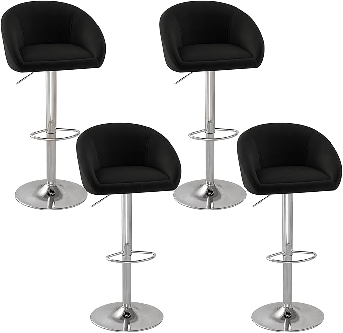 KCC Velvet Bar Stools Set of 4, Counter Height Bar Stools with Low Back, Swivel Barstool for Kitchen Island, Bar Pub (Black)