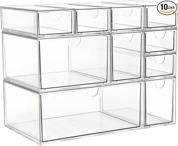 Acrylic Makeup Organizer, 10 Drawers Clear Storage Organizer Desktop Stackable Storage Drawers, Plastic Organizer Bins for Makeup, Stationery, Cosmetics, Vanity, Bathroom,Cabinet,Pantry Office Desk