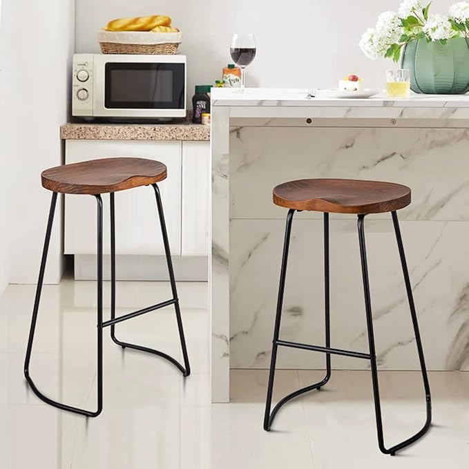 HeuGah Bar Stools, Solid Wood Barstools Set of 2, 30" Bar Height Bar Stools with Metal Leg, Rustic Backless Bar Stool for Kitchen Island, Bar Chairs with Solid Wood Saddle Seat (Walnut, 30 Inch)
