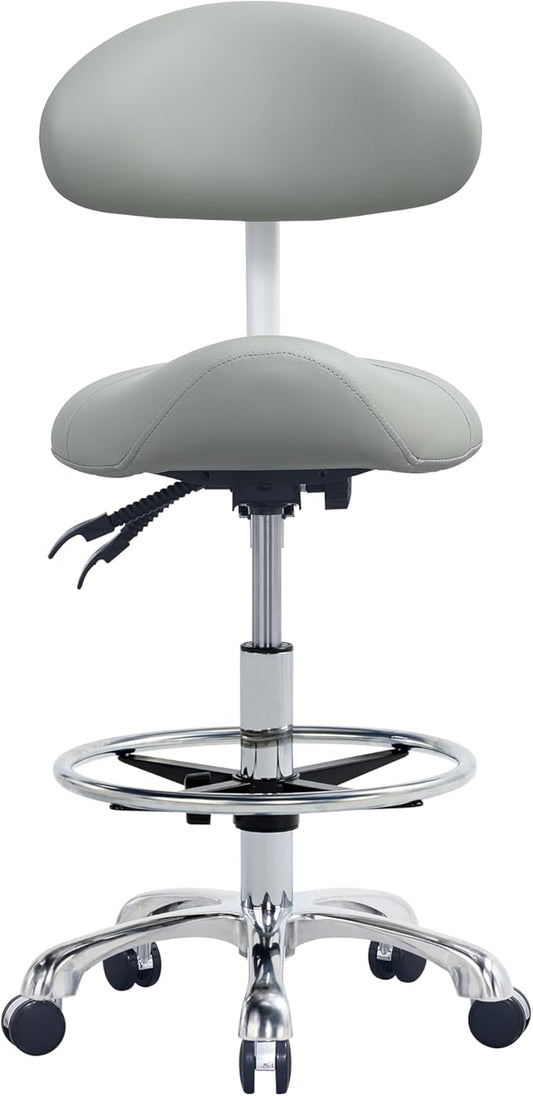 Saddle Stool Chair with Backrest and Foot Ring, Ergonomic Rolling Esthetician Seat for Salon, Tattoo Shop, Spa, Facial lash Home, Dentist Clinic, Esthetician Chair, Grey