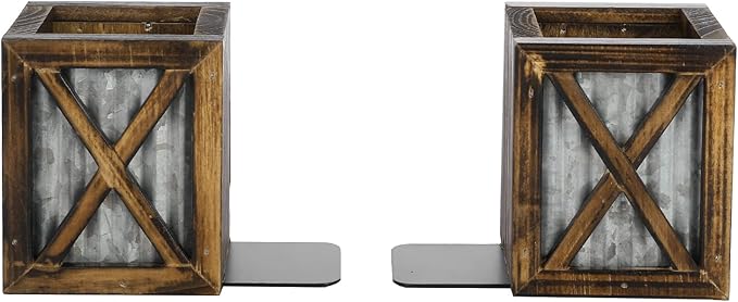 MyGift Rustic Burnt Wood Decorative Bookends with Corrugated Galvanized Metal Accent, Desktop Book Ends with Pen Holder Pencil Cup Stationery Storage Bins for Home Office, Classroom, Dorm Room, 1 Pair