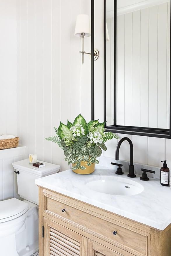 Fake Plants 11.8" Artificial Potted Plant Assorted Faux Plants in Gold Pot Silk Plants Artificial Plants Indoor for Home Living Room Bedroom Bathroom Office Table Centerpieces Shelf Greenery Decor