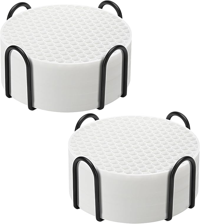 Silicone Coaster Set of 16 with Holder, Drinks Coasters, Beer & Coffee, Suitable for All Cups, Hot or Cold, Anti-Slip, Non-Stick, Anti-Overflow Tabletop Protection and Decor (White, 16 Pcs)