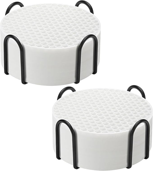 Silicone Coaster Set of 16 with Holder, Drinks Coasters, Beer & Coffee, Suitable for All Cups, Hot or Cold, Anti-Slip, Non-Stick, Anti-Overflow Tabletop Protection and Decor (White, 16 Pcs)