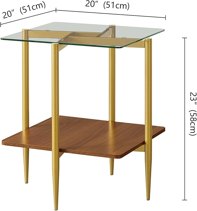 Square Glass End Table, Mid-Century Modern Sofa Table, L20*W20*H23 inch for Living Room, 2-Tier Structure, Clear Glass Top and Walnut MDF Shelf, Sleek Conical Metal Legs with Gold Finish