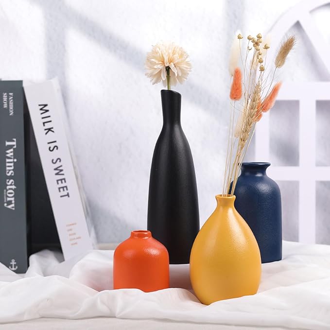 Colorful Ceramic Bud Vases Set of 4 - Modern Yellow, Orange, Blue Small Vases for Home Decor - Ideal for Living Room, Kitchen, Office, Bathroom, Mantle, Entrance, Farmhouse & Coffee Table Decorations