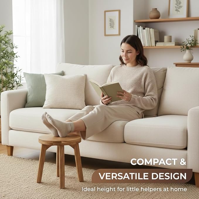 Round Stool Acacia Wood, 12" Height, 11" Round Top, Backless, Easy Assembly, Natural Wax Finish, Wooden Stool for Plant, Dining Room, Living Room, Garden, Makeup