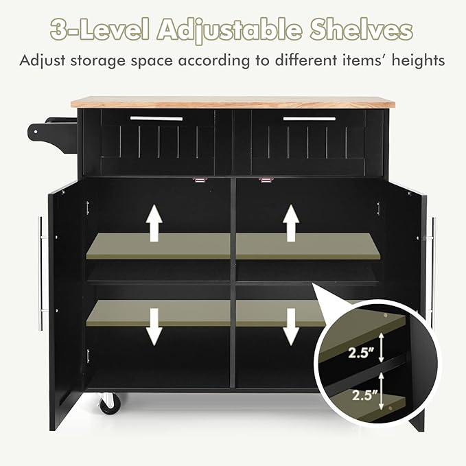 COSTWAY Kitchen Island Cart on Wheels, with Side Towel Bar, 2 Drawers, 2 Door Cabinet, Rolling Storage Trolley Cart with Rubber Wood Top & Lockable Casters (Black)