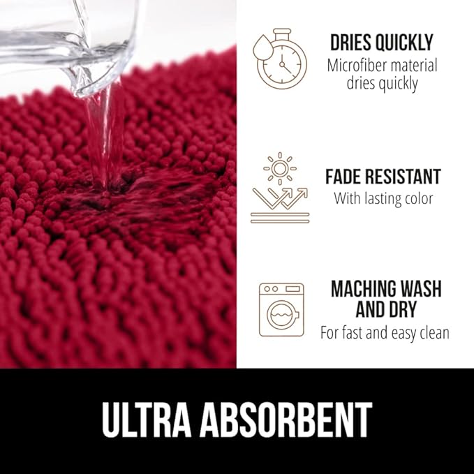 GORILLA GRIP Bath Rug Mat 30x20, Thick Soft Absorbent Chenille, Quick Dry Microfiber Mats, Rubber Backing Washable Shower Floor Rugs, Bathmat Runner, US Designed Bathroom Home Decor Accessories Red