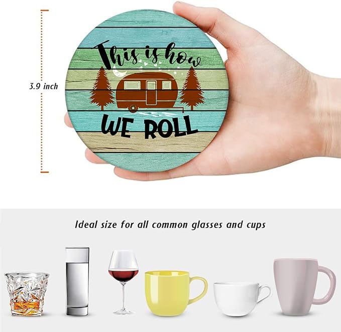 Britimes Coaster for Drinks Set of 6, Wooden Summer Camping Forest Absorbent Round Ceramic Stone Mat, with Cork Base and Metal Holder, Gift for Housewarming Room Bar Decor