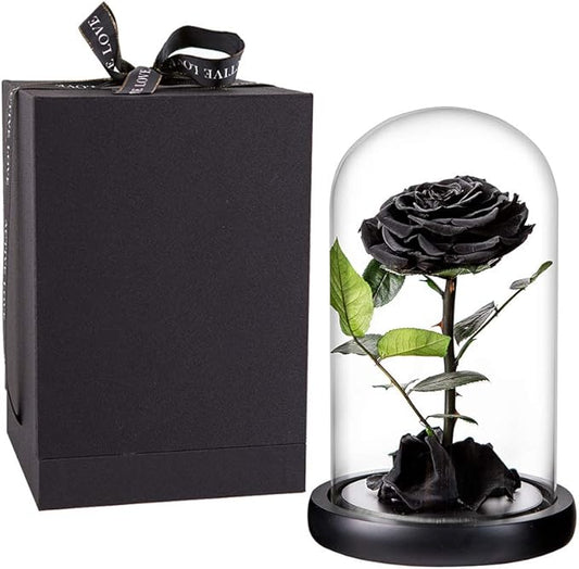 Preserved Roses Black Roses Handmade Real Rose in Glass Dome, Preserved Roses Never Withered Romantic Gifts for Her, Mother's Day, Birthday Gifts for Women (9 inch, Black)