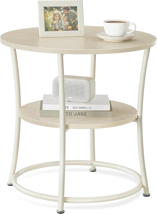 VASAGLE Side Table, 2-Tier Round End Table, Nightstand with Steel Frame for Small Spaces, Living Room, Bedroom, Natural Beige