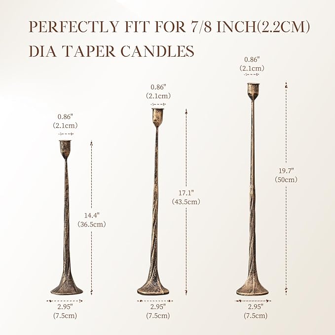 Iron Antique Gold Candlestick Holders, Set of 3 Candle Stick Holders,Fits 3/4 inch Thick Candle&Led Candles, Vintage Modern Decorative Centerpiece for Dining Table Centerpiece, Wedding, Party Decor