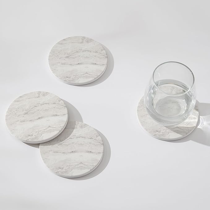 Set of 6 Off White Abstract Onyx Marble Coasters with Holder, Absorbent Ceramic Drink Coasters for Table Protection, Coffee Table Decor