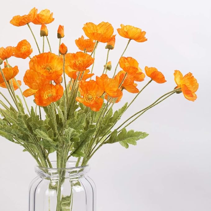 Artificial Poppy Flowers, 5 Bundles Faux Poppies with Stems for Floral Arrangements - Wedding, Home, Office, Party Table Centerpiece Decor (Orange)
