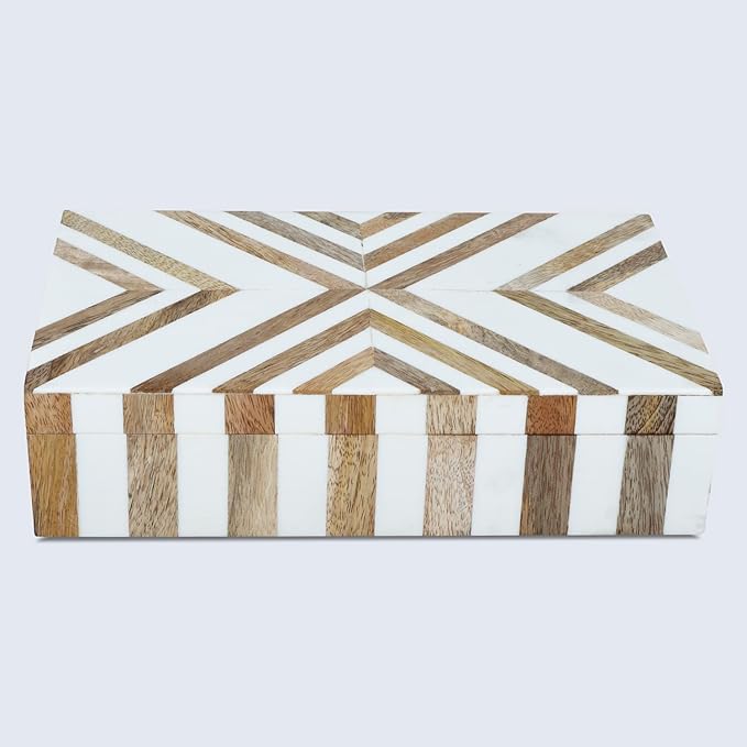 Handicrafts Home Marquet Chevron Decorative Box Shelf Decor, Dressing Table Organizer, Storage Box with Lid–Resin Inlay & Wood Organizer Box–Modern Decor, Keepsake, Jewelry Box for Women-10X6X2.5 inch