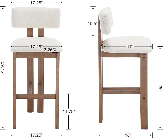 Upholstered Farmhouse Bar Height Bar Stools Set of 2 White Sherpa Barstools with Back/Solid Wood Legs, Modern Tall Bar Chairs for Kitchen Island/Home Bar/Pub, 30 Inch