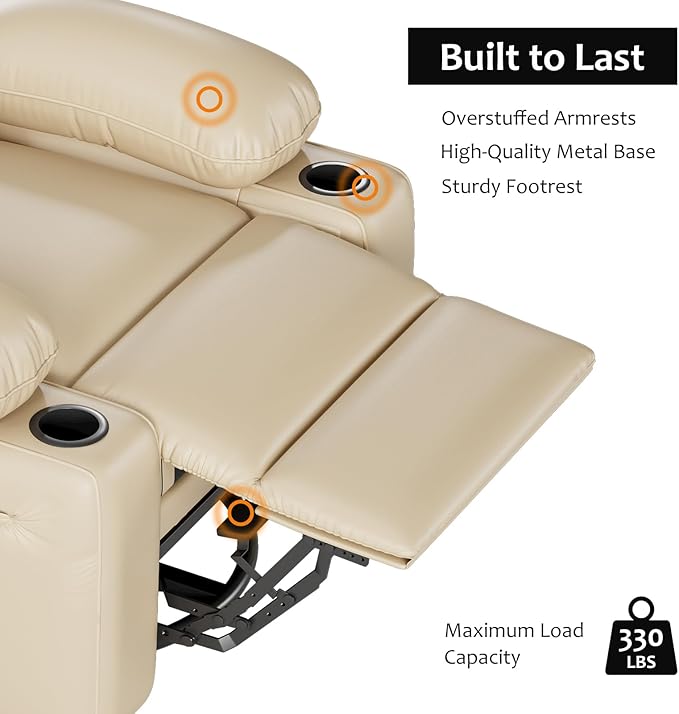 27" Oversized Power Recliner Chair, Faux Leather Rocking Chair with Heat & Massage, 360° Swivel Modern Electric Recliner with Cup Holder ＆ USB Charging for Living Room, Bedroom, Nursery - Beige
