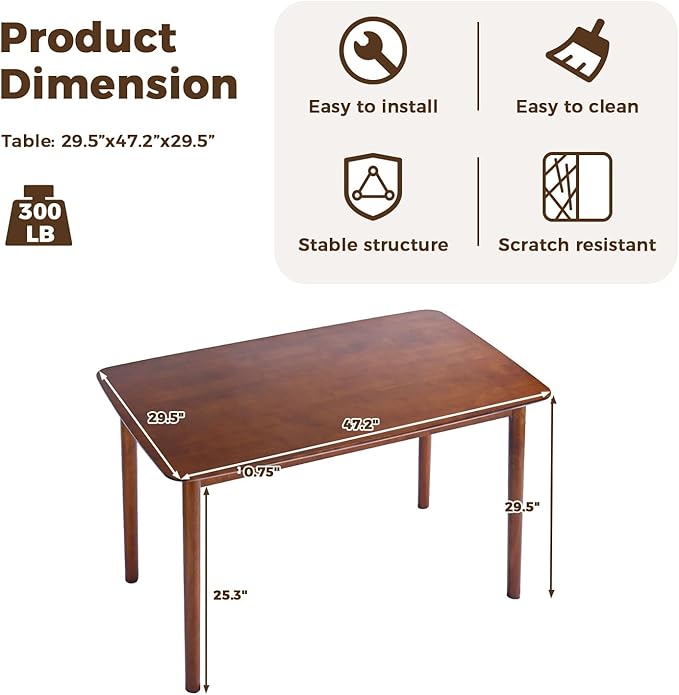 DELAVIN 47.2" Solid Wood Dining Table, Mid Century Modern Wooden Kitchen Table, Farmhouse Dining Room Table, Easy Assembly, Walnut, 47.2" L x 29.5" W