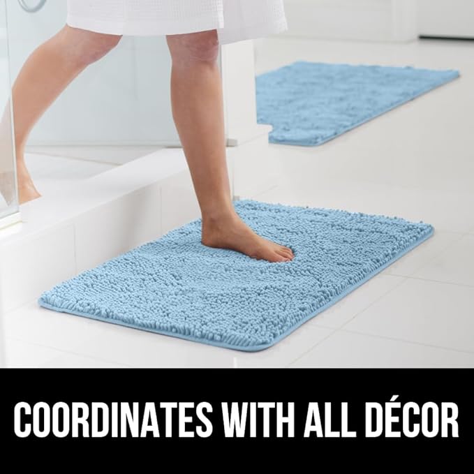 GORILLA GRIP Bath Rug Mat 30x20, Soft Absorbent Chenille, Quick Dry Microfiber Mats, Rubber Backing Washable Shower Floor Rugs, Bathmat Runner, US Designed Bathroom Home Decor Accessories Sky Blue