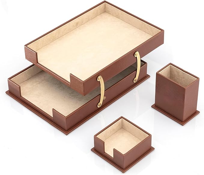 MOOGCO Bonded Set Luxury Leather Desk Pad & Desk Organization Essentials Desk Organizer Leather Desk Organizer (Tan)