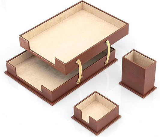 MOOGCO Bonded Set Luxury Leather Desk Pad & Desk Organization Essentials Desk Organizer Leather Desk Organizer (Tan)