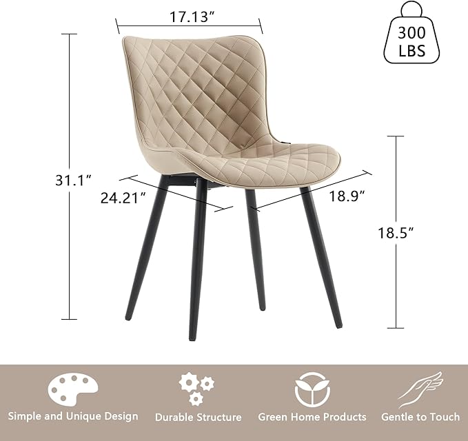 YOUTASTE Khaki Dining Chairs Set of 2 Mid Century Modern PU Leather Diamond Upholstered Accent Guest Dinner Chair with Back Metal Legs for Kitchen Living Reception Waiting Room
