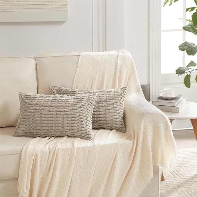 Fancy Homi 2 Packs Taupe Lumbar Decorative Throw Pillow Covers 12x24 Inch for Living Room Couch Bed Sofa, Rustic Farmhouse Boho Home Decor, Soft Striped Corduroy Rectangle Cushion Case 30x60 cm