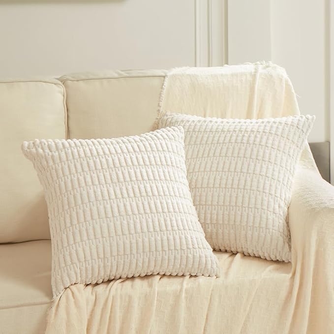 Fancy Homi 24x24 Pillow Covers, Pack of 2 Cream White Throw Pillow Covers with Stripe Pattern, Super Soft Corduroy Square Solid Cushion Cover for Couch Sofa Bedroom Living Room 60x60 cm