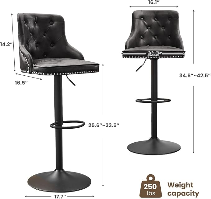 Modern Counter Stools Set of 2, Swivel Counter Height Bar Stools with Back and Armrests, 25'' to 33'' Adjustable Height PU Leather Bar Chairs with Rivets for Kitchen Island, Black