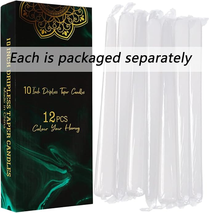 Dripless Taper Candles - Unscented White Candles Bulk - Candle Sticks Long Burning 7.5-8 Hours - for Candlesticks, Dinner Table, Vigil, Advent, Christmas, Thanksgiving, Kwanzaa - 12 Pack,10 Inch Tall