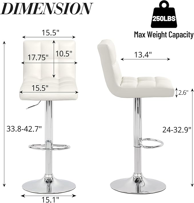 Modern Counter Height Bar Stools Set of 2, Armless Adjustable Swivel Square Bar Chairs Kitchen Barstools with PU Leather and Large Base for Dining Room/Island(White)