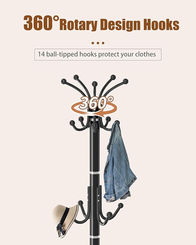 Metal Coat Rack Stand with Natural Marble Base, Modern Coat Rack Freestanding, 360°Rotary Coat Racks with 14 Hooks, Black Coat Stand Hall Tree Hanger Stand for Entryway, Office，Corner