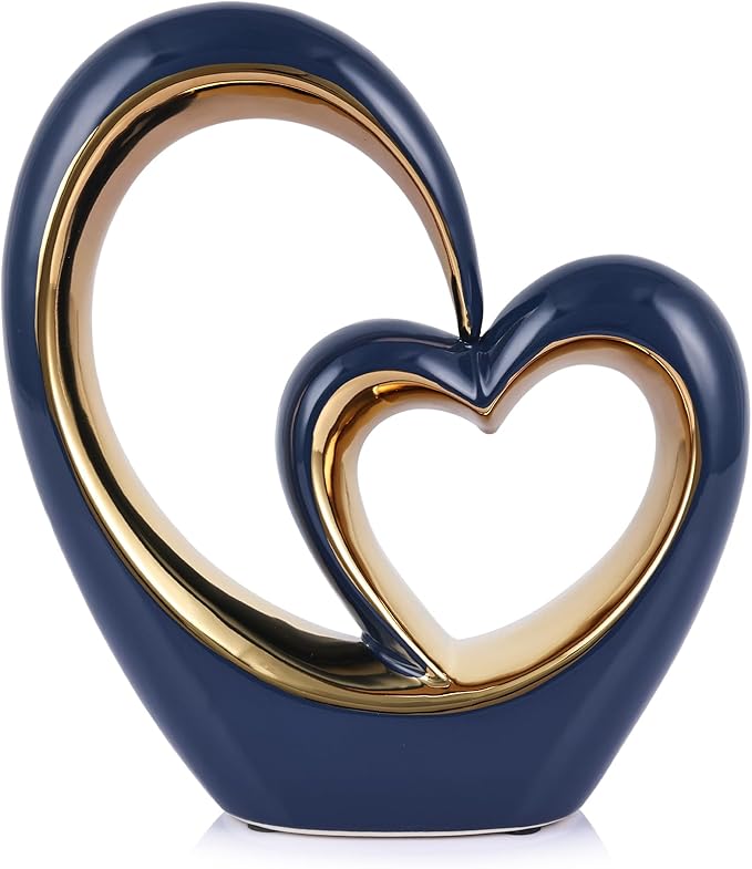 Ceramic Heart Decor Love Statue, Navy Blue Gold Double Hearts Sculptures for Home Table Centerpiece Decor, Valentine, Wedding, Decorative Items for Shelves, Coffee Table Decor (S Heart-Round)