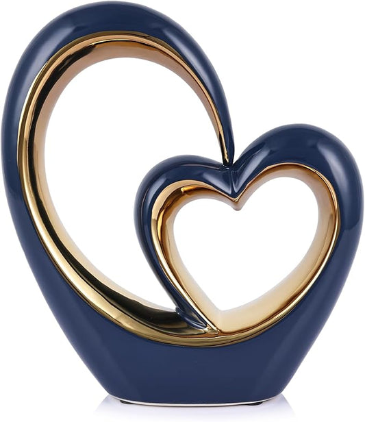Ceramic Heart Decor Love Statue, Navy Blue Gold Double Hearts Sculptures for Home Table Centerpiece Decor, Valentine, Wedding, Decorative Items for Shelves, Coffee Table Decor (S Heart-Round)