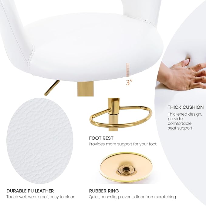 Brage Living Wide Bar Stool, Modern PU Leather Swivel Adjustable Barstool with Hollow Back and Arms, Upholstered Airlift Counter Height Bar Chair for Kitchen Dining (Pearl White, Gold Base)