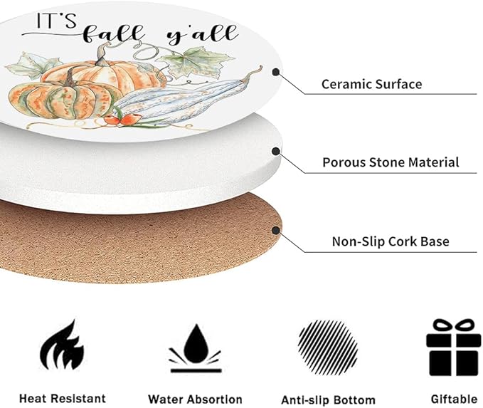 Fall Drink Absorbent Coasters with Holder Set of 6, Ceramic Stone with Cork Base, Autumn Watercolor Orange Pumpkin Pattern Coaster for Drinks, Gift for Housewarming Room Bar Home Decor Kitchen