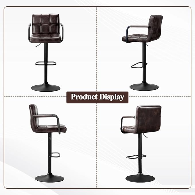 Furniliving Bar Stools Set of 2 with Backrest, Modern Square PU Leather Chairs with Armrest Adjustable Kitchen Counter Barstools for Kitchen Dining Pub Cafe (Blackbrown)