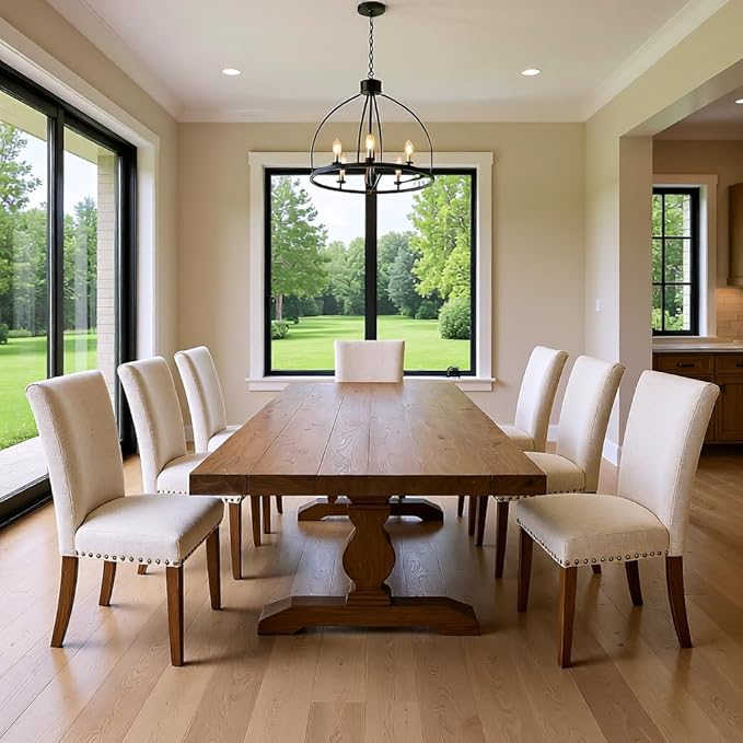 Set of 6 Beige Upholstered Dining Chairs – Farmhouse Kitchen Chairs with High Back, Solid Rubberwood Legs, Padded Foam Seat & Bronze Nailhead Trim, Comfortable Dining Room Chairs for Home
